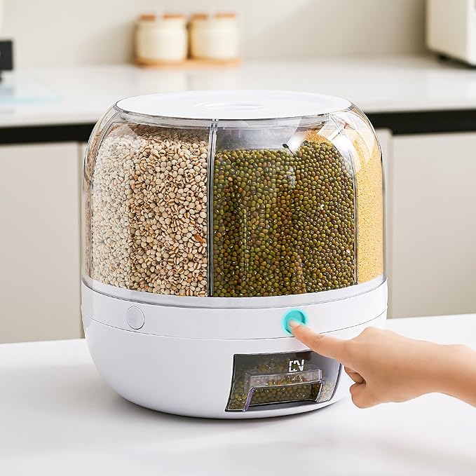 UFORU Rice Dispenser | 360° Rotating Grain Storage Bin - 6 Grids, 20LBS Large Capacity Food Container, Moisture-Proof, One-Click Output for Rice, Beans & Pet Food - Kitchen Pantry Organizer