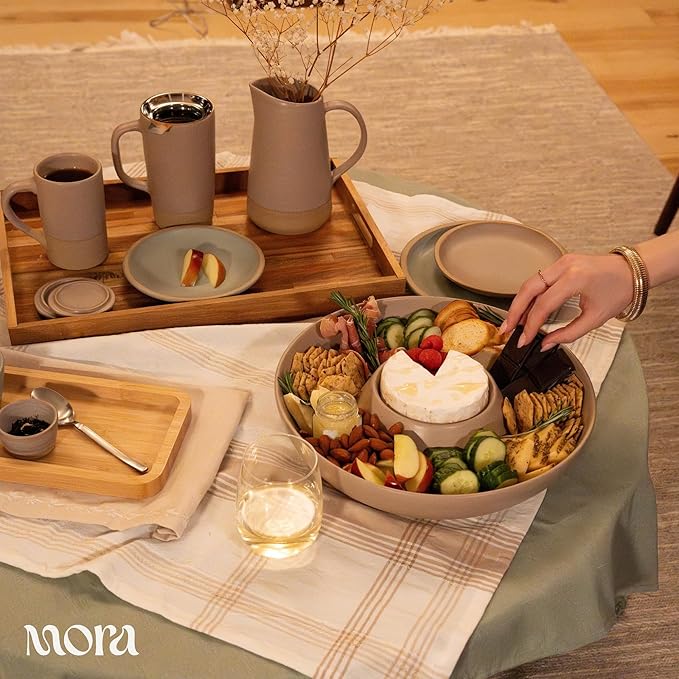 MORA Ceramic Chips and Dip Serving Tray: Large Divided Party Bowl Set for Chips & Salsa, Veggies & Dip, Fruit, Snacks, Entertaining, Hosting, etc. Minimalist Design for the Modern Hostess - Mushroom
