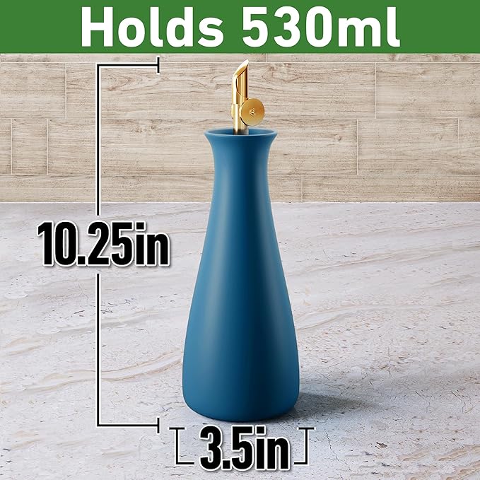 Ceramic Olive Oil Dispenser with Self-Closing Gold Spout - 530 ML Capacity Matte Blue Ceramic Oil Dispenser for Kitchen - Leak Proof EVOO Dispensing Bottle - Stylish, Ergonomic, Durable, Easy Pour