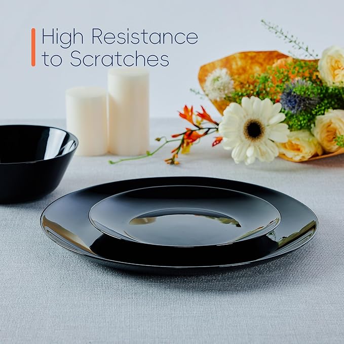 LaGlint 7.5 inch Appetizer Plate Set of 6, Lightweight Opal Glass Round Black Salad Plates for Dessert Kitchen, Dishwasher and Microwave Safe