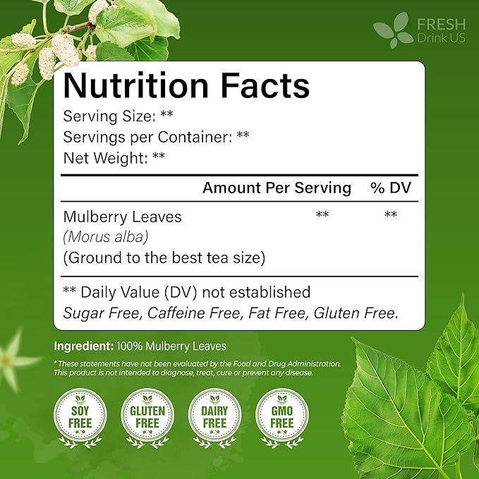 FreshDrinkUS, Premium 120 Mulberry Leaf Tea Bags, 100% Natural & Pure from Mulberry Leaves. Loose Leaf Herbal Tea. Made with Natural Material Tea Bags. No Sugar, No Caffeine, No Gluten, Vegan.