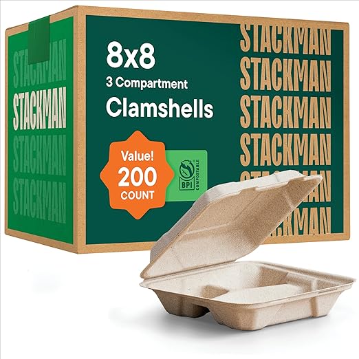 [Bulk - 200-Count] 100% Compostable to Go Containers 8x8" 3-Compartment Clamshell Take Out Food Container with Hinged Lid - Disposable Togo Plates - Eco-Friendly Takeout Box Made of Sugar Cane Bagasse