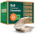 [Bulk - 200-Count] 100% Compostable to Go Containers 8x8" 3-Compartment Clamshell Take Out Food Container with Hinged Lid - Disposable Togo Plates - Eco-Friendly Takeout Box Made of Sugar Cane Bagasse