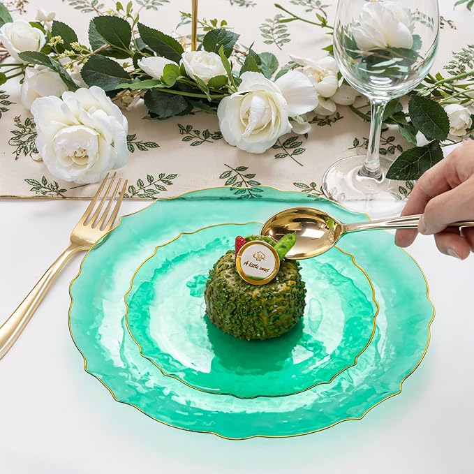 bUCLA 40PCS Clear Green Plastic Plates - Green and Gold Disposable Hammered Plates Fancy Lace-Edge, Crystal Design for 20 Guests Include 20 Each(Dinner&Dessert), Ideal for Party & Christmas