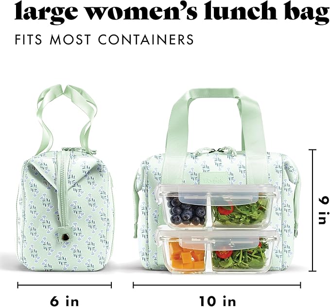 Fit & Fresh Remi Lunch Bag for Women Work – Neoprene Lunch Tote with Containers & Ice Pack, Reusable Meal Prep Lunch Box, Large Capacity, Machine Washable, Sage Flower