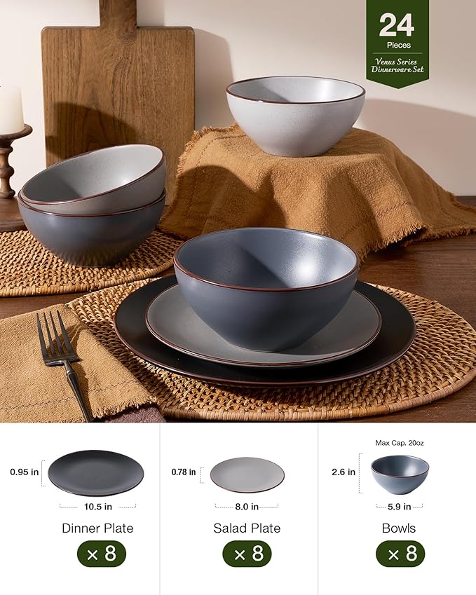 Famiware Venus Plates and Bowls Sets with Trim, 24 Pieces Speckled Stoneware Dinnerware Set for 8, Matte Multicolor - Microwave & Dishwasher Safe, Modern Minimalist Dish Set, Everyday & Formal Use