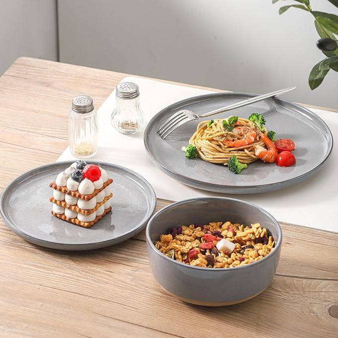Ceramic Dinner Plates Set of 6,Stoneware 10 Inch,Microwave,Dishwasher and Oven Safe,Porcelain Dessert Plates for Pasta,Salad and Steak,Christmas Gift,Dish for Kitchen,Scratch Resistant,Gray