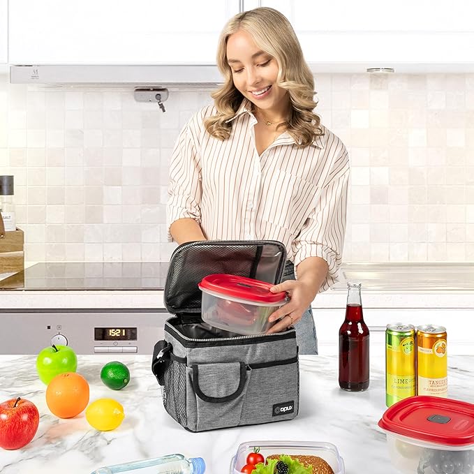 opux Insulated Lunch Box for Men Women Kids, Leakproof Reusable Lunch Bag Cooler for Work School Office, Soft Thermal Lunchbox Tote with Shoulder Strap for Boys Girls Adults, Heather Gray, 14 Can/8L