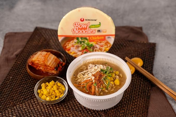 Nongshim Savory Chicken Noodle Soup Instant Ramen, 12 Pack, Microwaveable Bowl Soup Mix, Korean Ramyun with Cabbage & Carrots, Sabor a Pollo