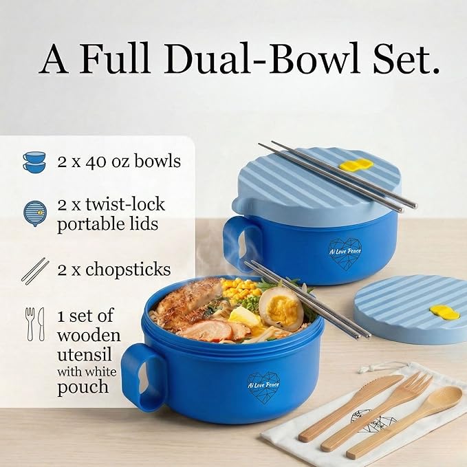 AI LOVE PEACE Microwave Ramen Bowl Set of 2, 40 oz Ramen Noodle Bowls with Lids, Microwave Noodle Bowl for Soup, Pho, Pasta, Rice & Oatmeal, Dishwasher Safe (2 x Blue)