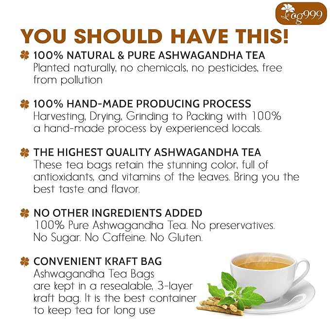 TOG999, Premium 120 Ashwagandha Root Tea Bags, 100% Natural & Pure, Ashwagandha Root Herbal Tea. No Sugar, No Caffeine, No Gluten, Vegan.