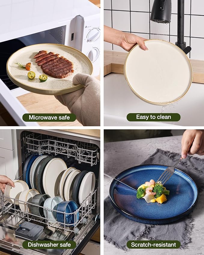 Famiware Star 24-Piece Stoneware Dinnerware Sets with Trim, Service for 8 - Ceramic Plates and Bowls Set, Ribbed Dishes with High Edge, Chip & Scratch Resistant, Microwave & Dishwasher Safe, White