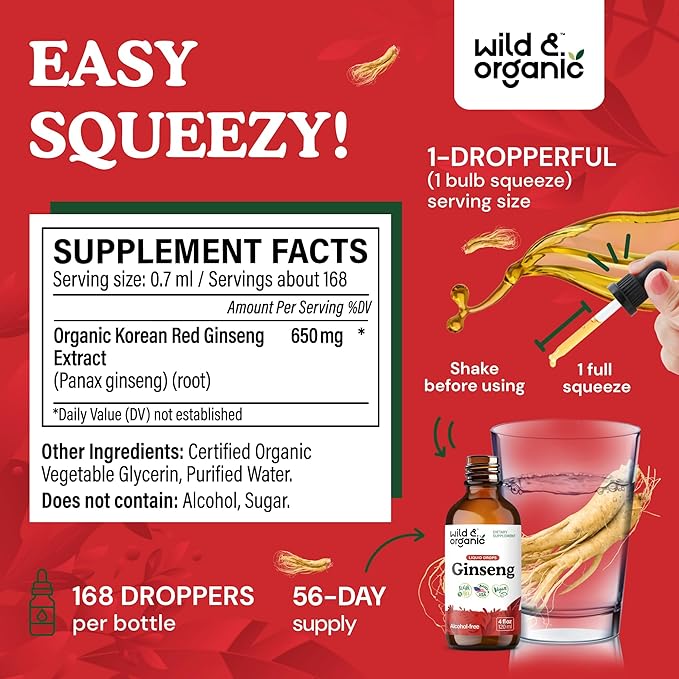 Wild & Organic Korean Panax Ginseng Extract Liquid Drops - Immune & Energy Support - Red Ginseng Root Supplement - Easy to Add to Tea - Vegan, Sugar & Alcohol-Free Tincture - 4 fl oz