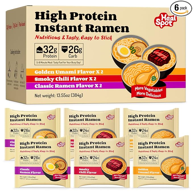 HealSpot High Protein Instant Ramen Variety Pack, 6 Pack Non Fried Ramen Broth, 32g Plant Based Protein, Low Fat, Low Carb, Non GMO, Keto Friendly & Plant Based (Golden-Chicken,Smoky-Beef,Classic-Pork） | 50% Protein, Keto Friendly, Vegen Friendly, Heal...