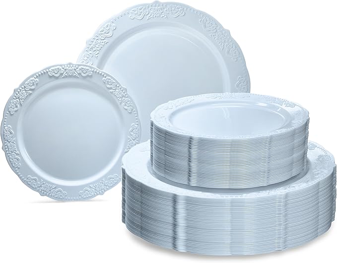 OCCASIONS 240 Blue Fancy Plastic Plates (120 Guests) - Heavy Duty Disposable Plates for Wedding & Party, Elegant China Look, BPA Free, 10.25" Dinner + 7.5" Dessert (Portofino Plain Blue)