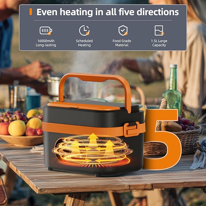 Heated Lunch Box, 16000mAh Cordless Electric, 1.5L Portable Self Heating Lunch Box for Adults, Rechargeable Food Warmer for Office, Picnic,Car Travel,Outdoor Use-Orange