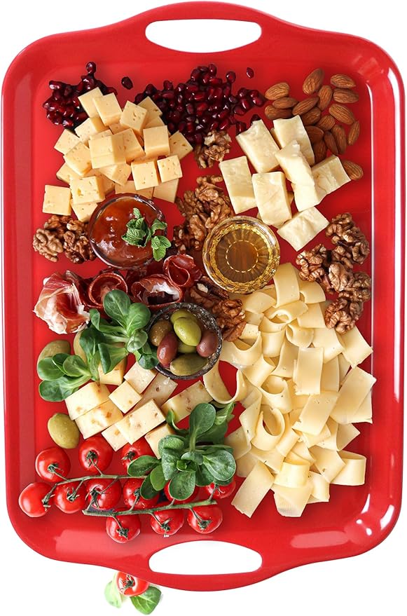 KAQAHIDO Large Melamine Serving Trays for Eating, 17.5’’ x 12’’ Serve Platter for Appetizer, Charcuterie, Food, Snack, Cupcakes, Dessert, BPA-Free, Dishwasher Safe Tray, Set of 2, Red