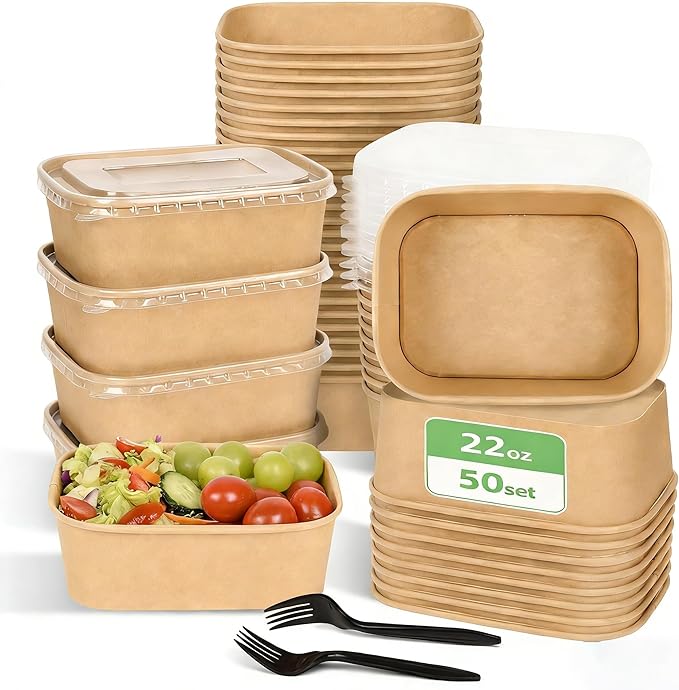 50 Pack Disposable Meal Prep Containers, 22oz Disposable Large Paper Bowls with Lids and Forks for Salad, Noodles, Freezer and Microwavable Storage Use Cardboard Food Containers