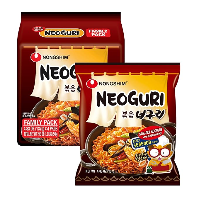 Nongshim Neoguri Spicy Seafood Stir Fry Ramyun Noodles, Seafood Flavored Korean Instant Noodles, Thick Noodles, Intense Chili Kick, 4.83 oz (Pack of 4)