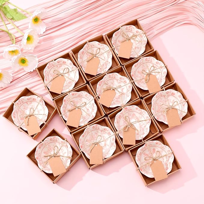 SiliFine 12 Pcs Wedding Favors for Guests Small Ceramic Bowl Bulk Gifts Set 3.3 Inch Floral Design Mini Dipping Sauce Dish with Card Box for Bridal Pooja Baby Shower Birthday (Flower,Pink)