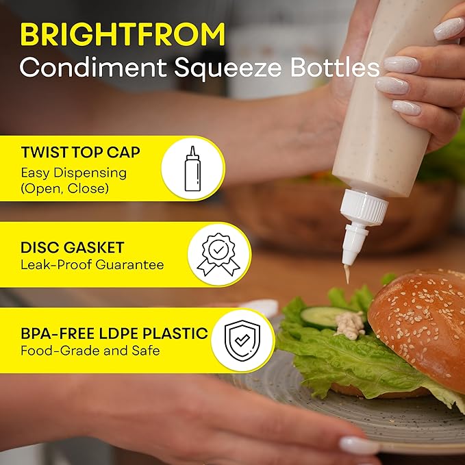 BRIGHTFROM Condiment Squeeze Bottles, 8 OZ Empty Squirt Bottle with Twist Top Cap, Leak Proof - Great for Ketchup, Mustard, Syrup, Sauces, Dressing, Oil, Arts and Crafts, BPA FREE Plastic - 2 PACK