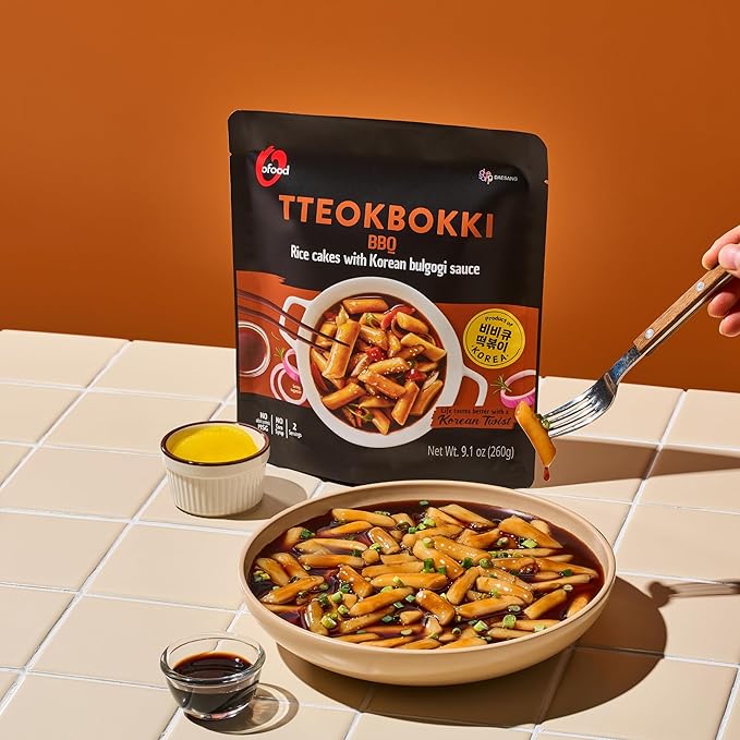 O’Food Tteokbokki Korean Rice Cakes – [BBQ | Pack of 1] – Healthy/Savory/Bold/Fiery, 0 Cholesterol/ 0 Trans Fat/No MSG/No Corn Syrup, Spicy Street Snack, Ready in Minutes
