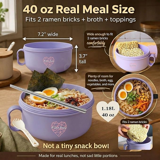 Microwaveable Ramen Noodle Bowl Cooker 40oz for Ramen, Pho, Soup, and Pasta, Dishwasher Safe and Portable, Ideal for Home, Office, Dorm, or Gift.Ai Love Peace (Purple)