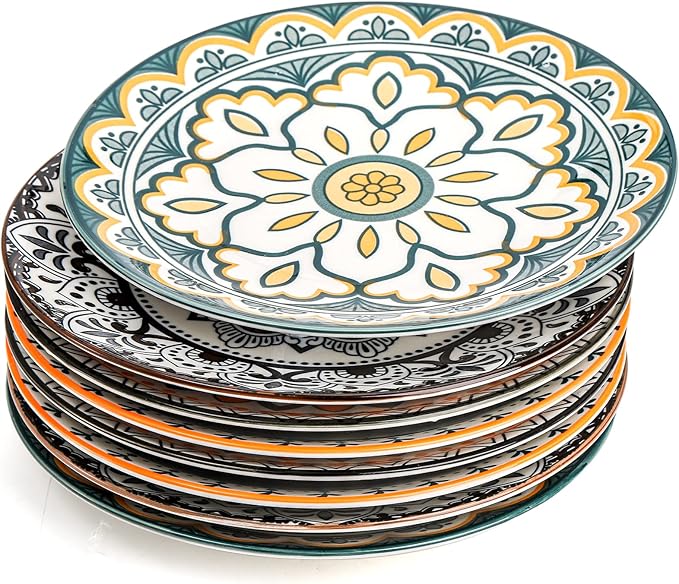 Foraineam 8 Pieces Salad Plates, 8.5 Inch Porcelain Floral Dessert Plates, Colorful Round Lunch Plate Sets for Appetizer Salad Fruit Snack, Dishwasher and Microwave Safe