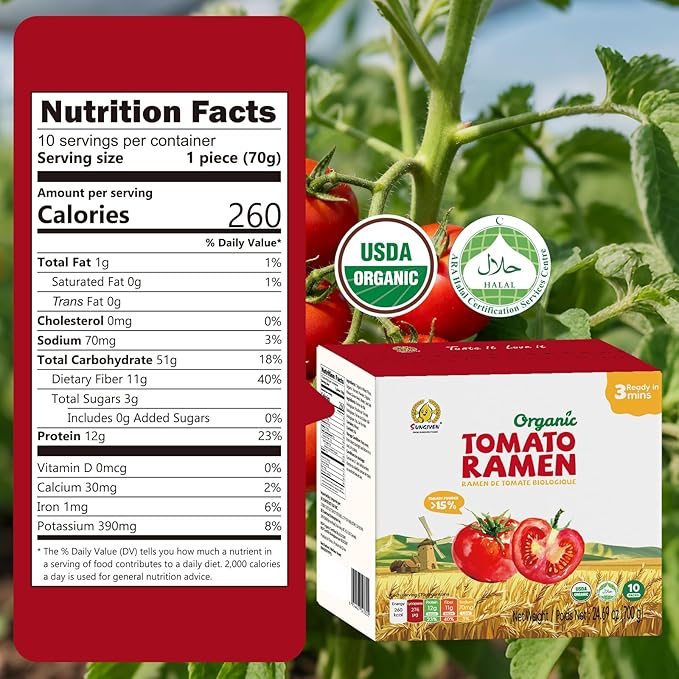 SUNGIVEN Organic Ramen Noodles Tomato Healthy Low Sodium Ready in 3 Minutes Non-Fried Instant No Additives or Preservatives 2.47 OZ (Pack of 10)