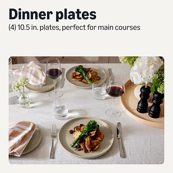 Amazon Basics Glazed Stoneware Dinner Plates, Ceramic 4-Piece Set, Microwave, Dishwasher and Freezer-Safe, Modern Design, 10.5 in., Linen Gray
