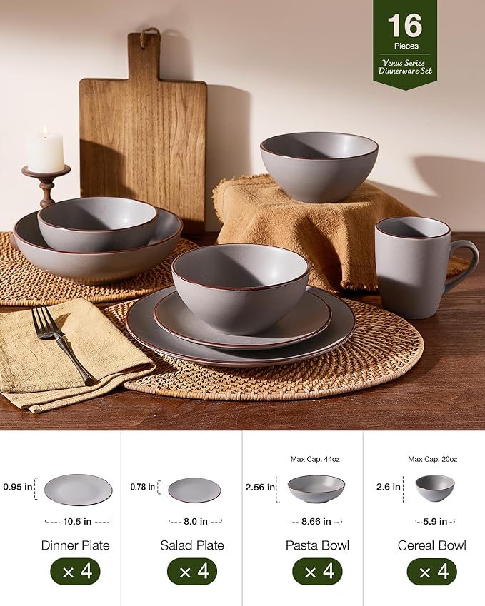Famiware Venus Stoneware Dinnerware Set with Pasta Bowls for 4, 16-Piece Speckled Plates and Bowls with Trim, Matte Dark Gray - Chip‑Resistant Dishes for Everyday/Formal Use, Microwave/Dishwasher Safe