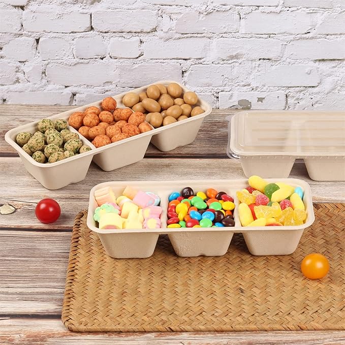 disposable paper bowls 18 oz 3 compartments with lids, Sugarcane Fiber For Snack, Dessert, Meal Prep 50 Pack