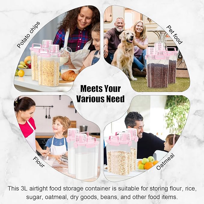 LEAWALK Airtight Rice Storage Container, 3 to 5Lbs Cereal Dry Food Flour and Sugar Bin, Pet Dog Cat Food Dispenser with Measuring Cup, BPA Free Clear Plastic Kitchen and Pantry Organization Bin-Pink