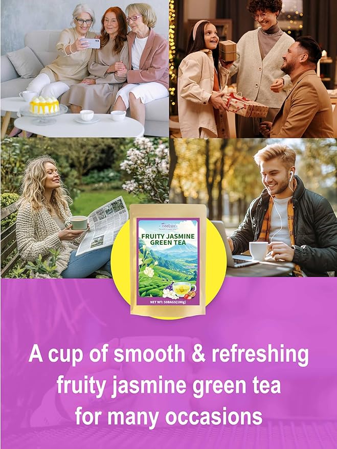 TeeLux Fruit Scented Jasmine Green Tea, Brisk Green Tea with Natural Fruity Jasmine Flavor, Pleasant Floral & Fruit Aroma, 100 Count
