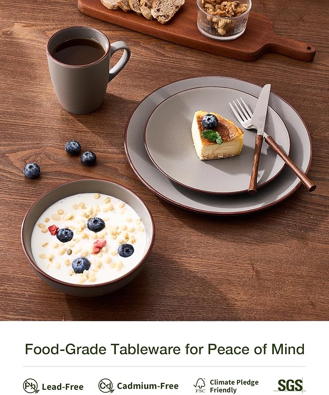 Famiware Venus 24-Piece Stoneware Dinnerware Sets with Mugs, Plates, Bowls, Service for 6, Matte Dark Gray - Modern Ceramic Chip‑Resistant Dishes for Everyday & Formal Use, Microwave & Dishwasher Safe