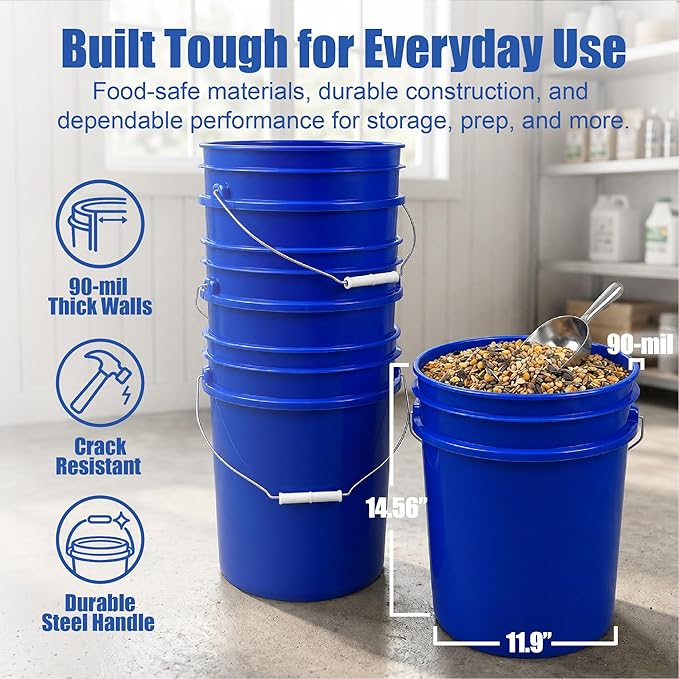 ePackageSupply 5 Gallon Bucket - Food Grade Bucket with Airtight Gamma Seal Screw-On Lid, BPA-Free, Heavy-Duty 90 Mil HDPE Plastic, Bulk Storage, Durable Container, Made in USA, Blue/Blue, 1 Pack