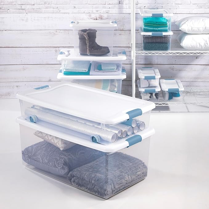 Sterilite 18-Pack Latching Box, Clear Plastic Under Bed Storage Bins with Lids, 32 Quart - Large Stackable Tote Organizer Containers for Closet, Bedroom, Bathroom, and Office Organization