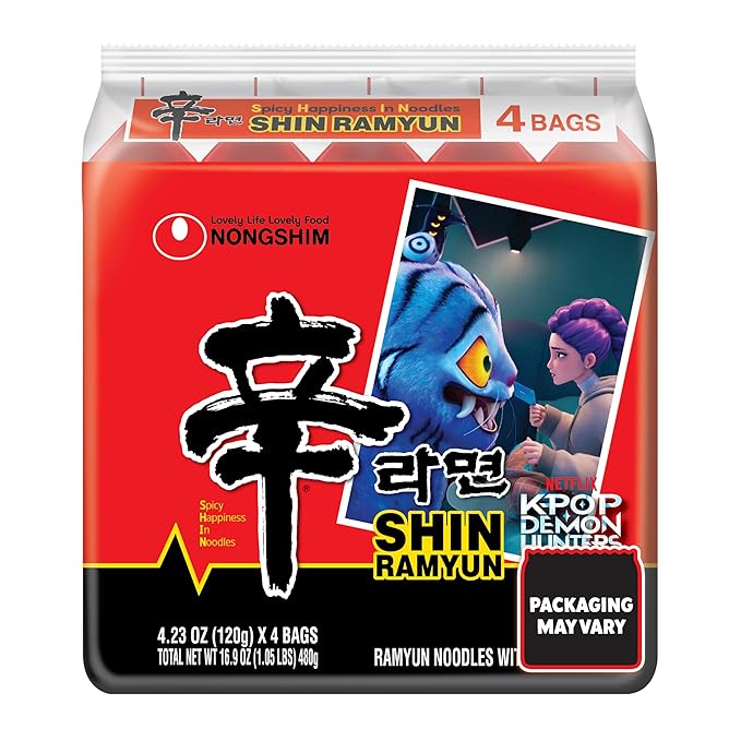 Nongshim Shin Ramyun Noodles, Spicy Korean Signature Instant Ramyun, Rich Beef Flavored Broth, Microwaveable, Korean Instant Noodles, 4.23 oz (Pack of 16), Packaging May Vary
