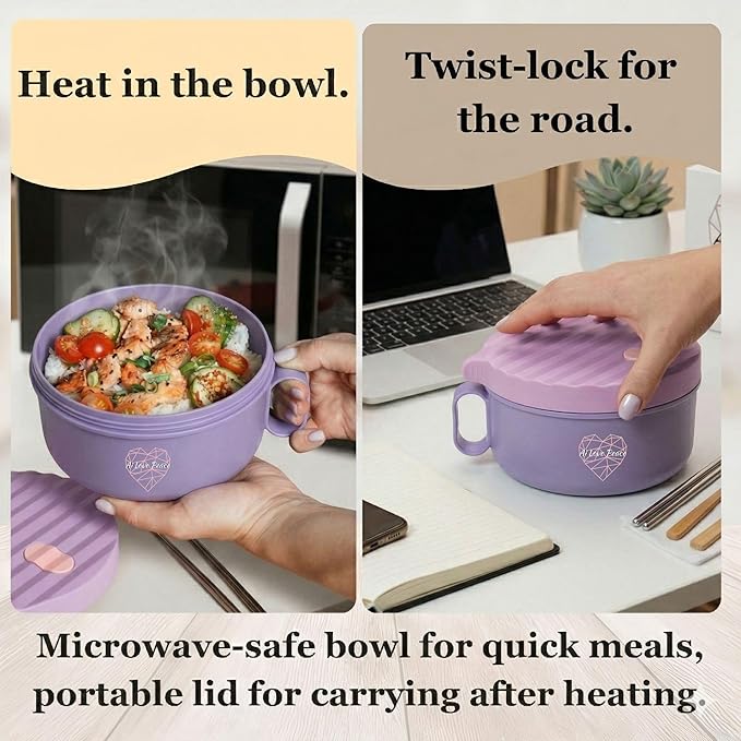AI LOVE PEACE Ramen Bowls, 40 oz Large Microwavable Noodle Bowls (2 Purple) with Chopsticks, Sporks, and Utensil Bag, Portable Microwave Bowl for Home, Office, Dorm, or College Gift.