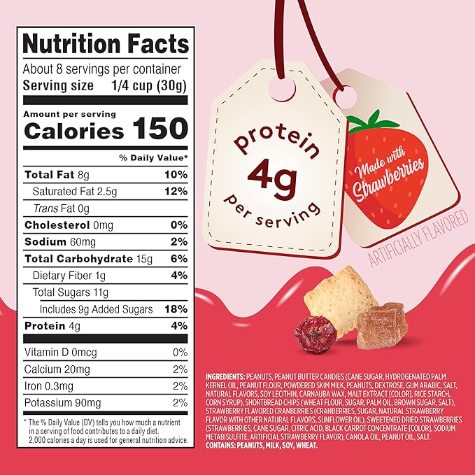 Snak Club PB&J Trail Mix Strawberry, Snack Mix with Peanuts, Mini Shortbread Cookies, Cranberries, Peanut Butter Candies, and Sweetened Dried Strawberries, 8 oz Resealable Bag