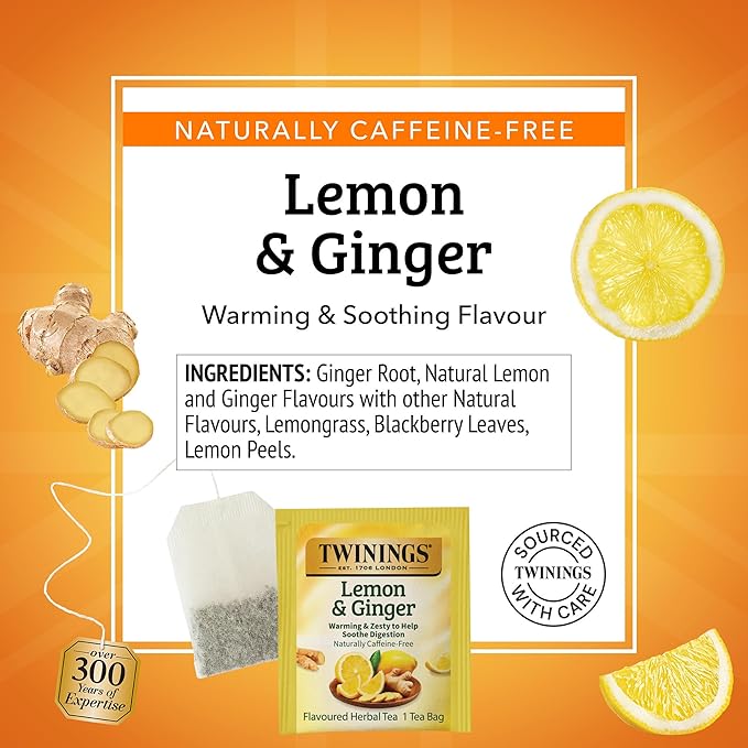 Twinings Lemon & Ginger Herbal Tea Individually Wrapped Bags, 20 Count (Pack of 6), Tangy Lemon, Spicy Ginger, Naturally Caffeine-Free, Enjoy Hot or Iced, 120 Teabags