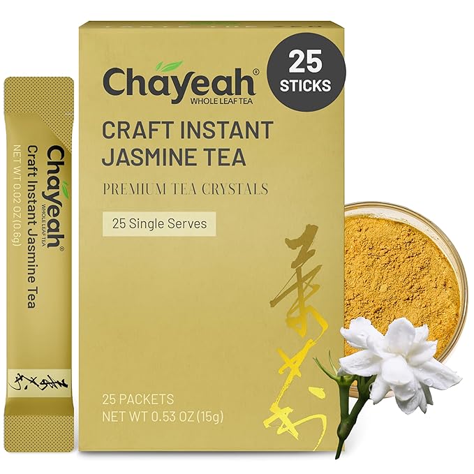 CHAYEAH, Craft Instant Jasmine Tea, Unsweetened Jasmine Green Tea Powder for Quick Hot & Cold Beverages, 100% Natural On-the-Go Premium Tea Crystals, Caffeinated (25 Single Serve Packets)