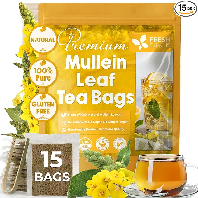 FreshDrinkUS, Premium 15 Mullein Leaf Tea Bags For Lung, 100% Natural & Pure from Mullein Leaves. Loose Leaf Mullein Herbal Tea. Made with Natural Material Tea Bags. No Sugar, No Caffeine, No Gluten, Vegan.