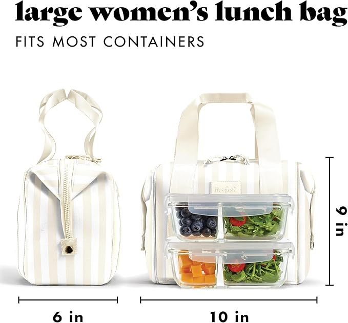 Fit & Fresh Remi Lunch Bag for Women Work – Neoprene Lunch Tote with Containers & Ice Pack, Reusable Meal Prep Lunch Box, Large Capacity, Machine Washable, Ivory Stripe