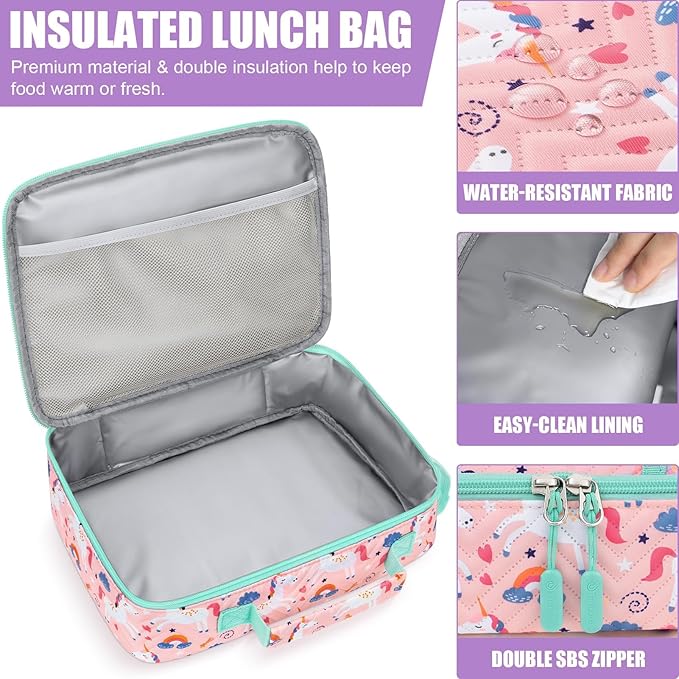 Fimibuke Kids Bento Snack Lunch Box with 4 Compartments, Insulated lunch Bag, Stainless Steel Thermo Food Jar, Ice Pack & Utensils, Unicorn Birthday Gifts for Age 3-12 Back to School Toddler Girl Boy
