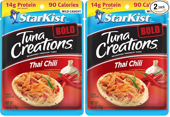 StarKist Tuna Creations BOLD Thai Chili Style Pouch (2.6 oz - 2 Pack) Wild Caught, High Protein Shelf Stable Seafood, Gluten Free, Soy Free, No Draining, Ready to Eat for Salads and Sandwiches