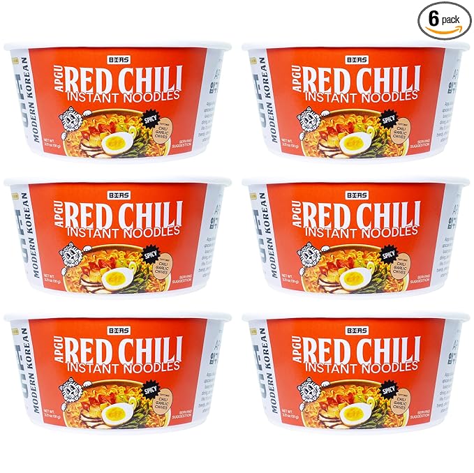 BIAS Apgu Red Chili Instant Noodles - Spicy Korean Ramen with Premium Toppings, Vegan, Air-Dried, Low Calorie (320 Cal) - 6 Pack