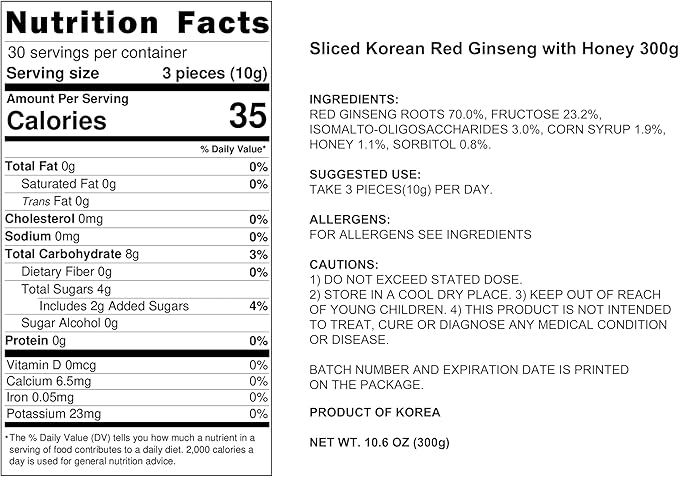 Pocheon 300g(10.6oz) 6Years Sliced Korean Panax Red Ginseng Roots with Honey, Saponin