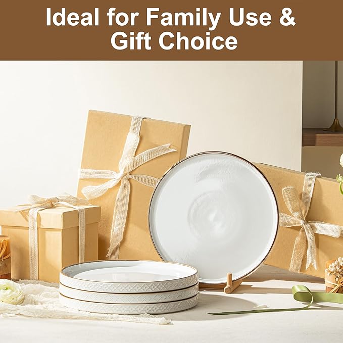 Dafuceramic Dinner Salad Plates Set of 4, 10 Inch Salad Plates with Embossments, Dessert, Salad, Appetizer, Dinner Plate, Microwave, Dishwasher Safe,Scratch Resistant