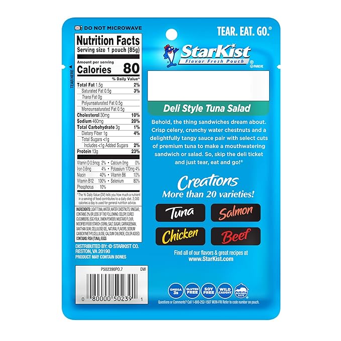 StarKist Tuna Creations Deli Style Tuna Salad Pouch (3 oz - 1 Pack) Wild Caught, High Protein Shelf Stable Seafood, Gluten Free, Soy Free, No Draining, Ready to Eat for Salads and Sandwiches